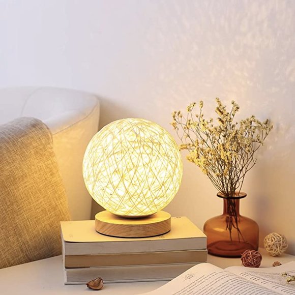 Boho Rattan Ball Round Wood Bedside Lamp Minimal - Picture 5 of 6